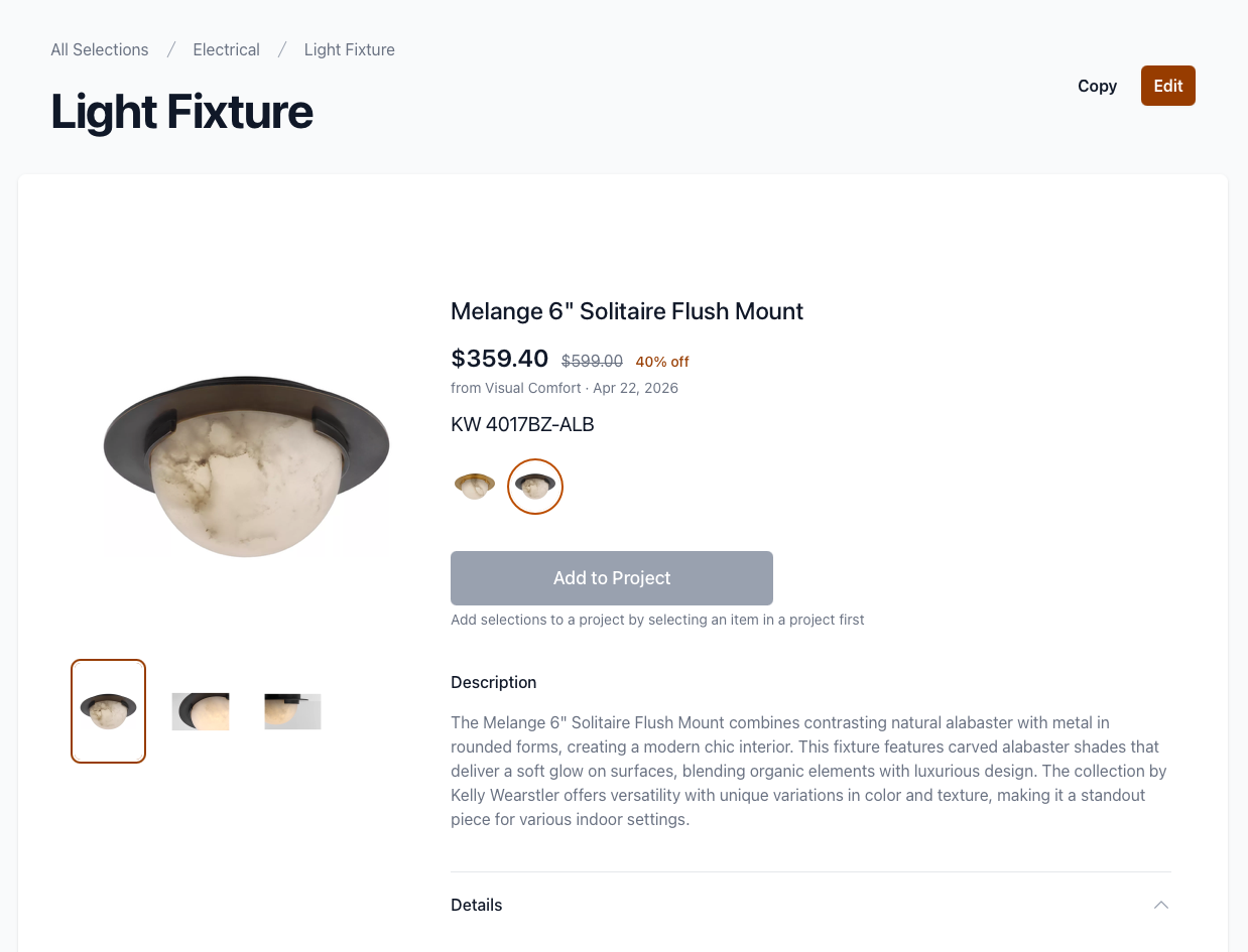 Selection edit screen showing a pasted product link above an auto-populated card with image, brand, price, and specs filled in